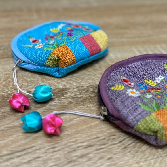 Embroidered flower Zip Bag Craft Cloth Small Bag Women | 2 Cute Coin Purses - Picture 6 of 9